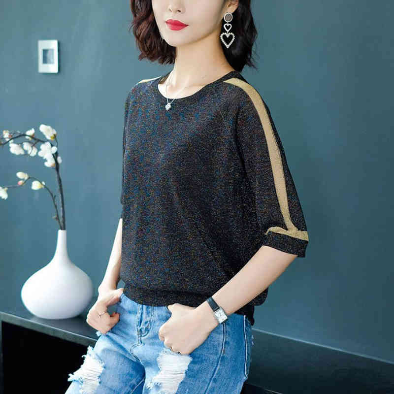 O-Neck Short Sleeve Bright Silk Knitted T-Shirt Women Thin Side Stripe Pullover Female Plus Size 4XL Summer Loose Knitwear Tops 210522