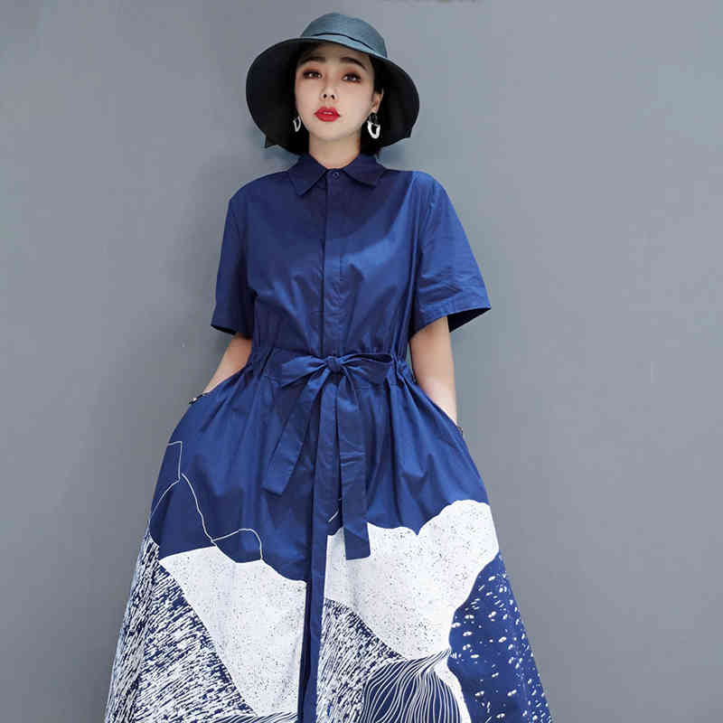 Blue Shirt Dress Women's Summer Lapel Single Breasted Drawstring Waist Short Sleeve Maxi Dresses Female Tide 210427