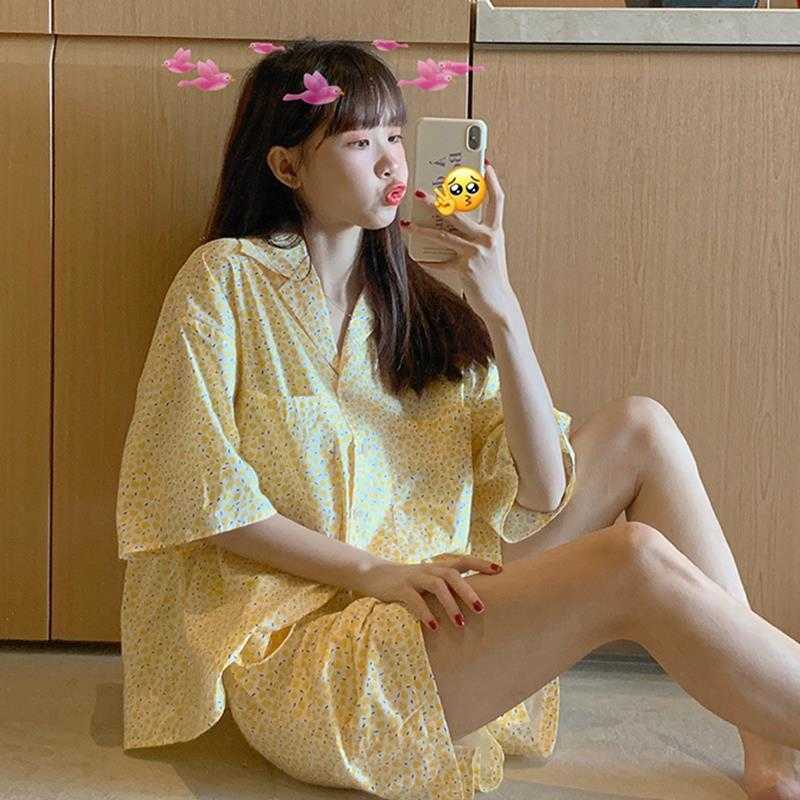 QWEEK Korean Pajamas Girls Women Home Suit Female Set Woman 2 Pieces Sleepwear Summer Floral Print Pijama Short Sleeve Pyjamas 210924