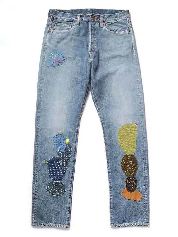 Fashion Kapital Hirata Hehong patch hand embroidery irregular stitching high end heavy industry denim pants, Blue
Fashion Kapital Hirata Hehong patch hand embroidery irregular stitching high end heavy industry denim pants, Blue