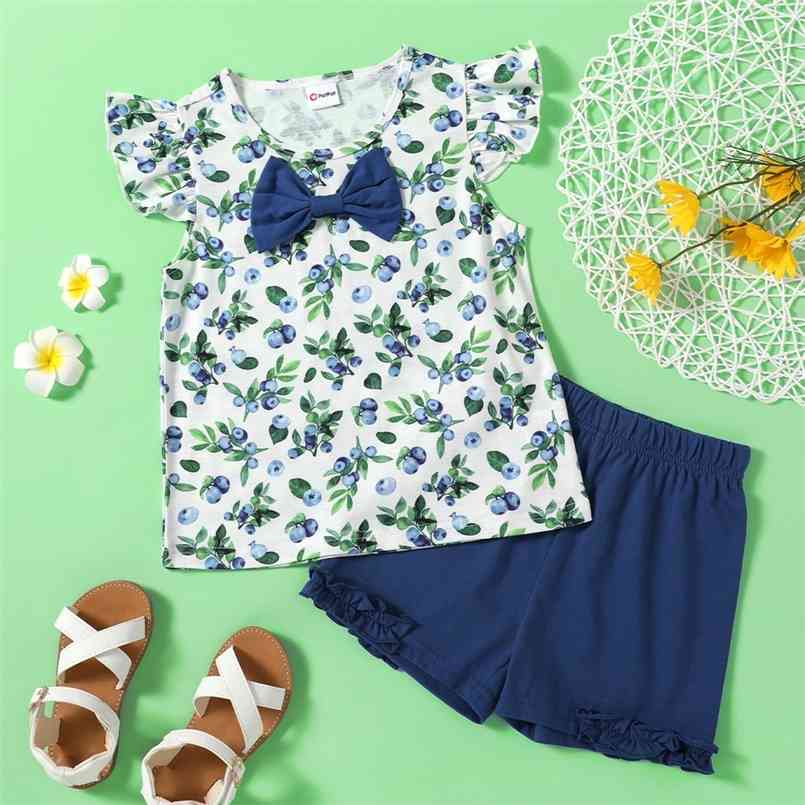 Stylish Blueberry Leaves Print Bowknot Top And Shorts 210528