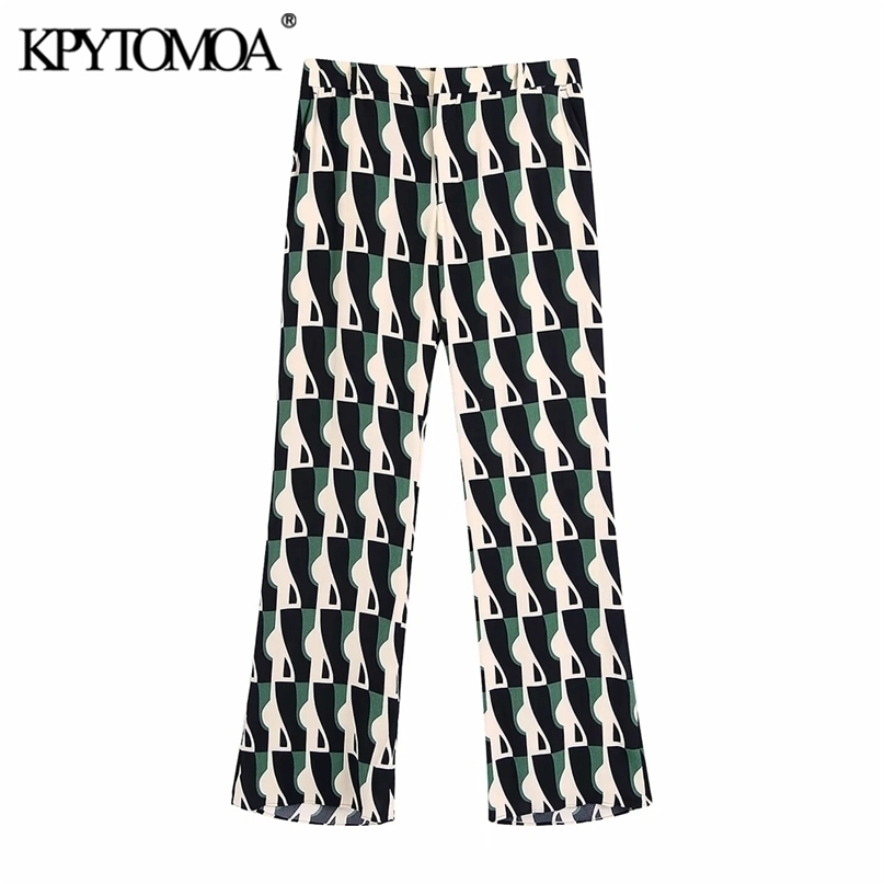 KPYTOMOA Women Fashion Side Pockets Printed Flared Pants Vintage High Elastic Waist Zipper Fly Female Trousers Mujer 211115