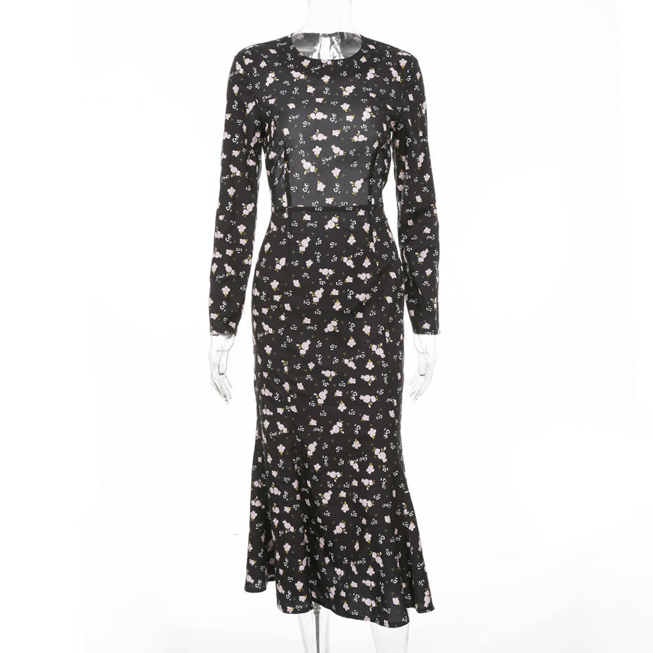 Free Women's Mermaid Print Dress Sexy O-neck Long Sleeve Bodycon Halter Club Midi Celebrity Party 210524