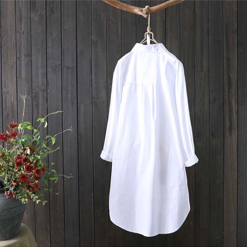 New Women White Shirt 100% cotton Casual Wear Button Up Turn Down Collar Long Sleeve Blouse Embroidery Feminina F106 210317