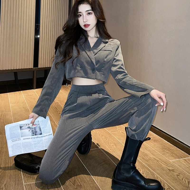 Spring Women Two Piece Set Fashion Notched Collar Long Sleeve Sexy Short Coat + High Waist Office OL Pants Suits 210519