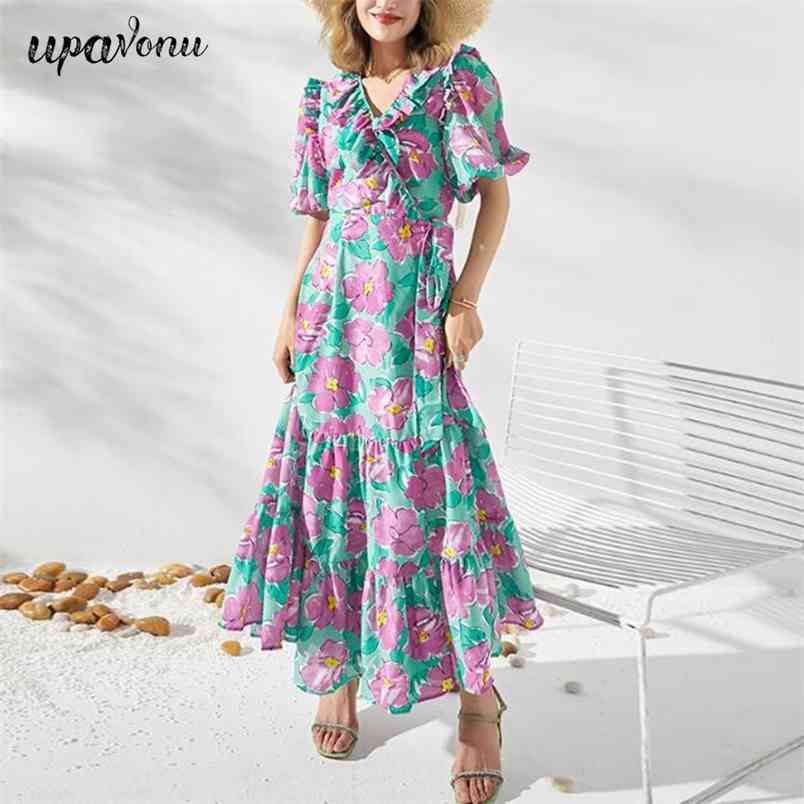 Free Women Summer Print Dress Elegant Ruffled V-neck Lantern Sleeve High Waist Lace-up Resort Style Long 210524