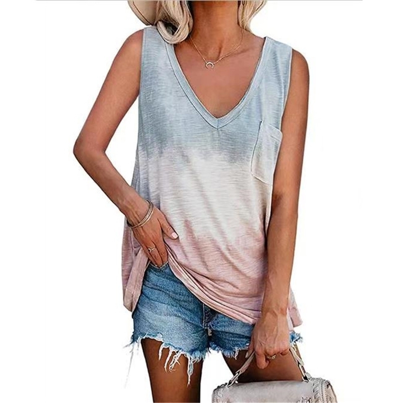 Summer Tie-dye Vest Women Casual V Neck Sleeveless Printed With Pocket Top Ladies Daily Loose Tank Tops Female Fashion Waistcoat 210522