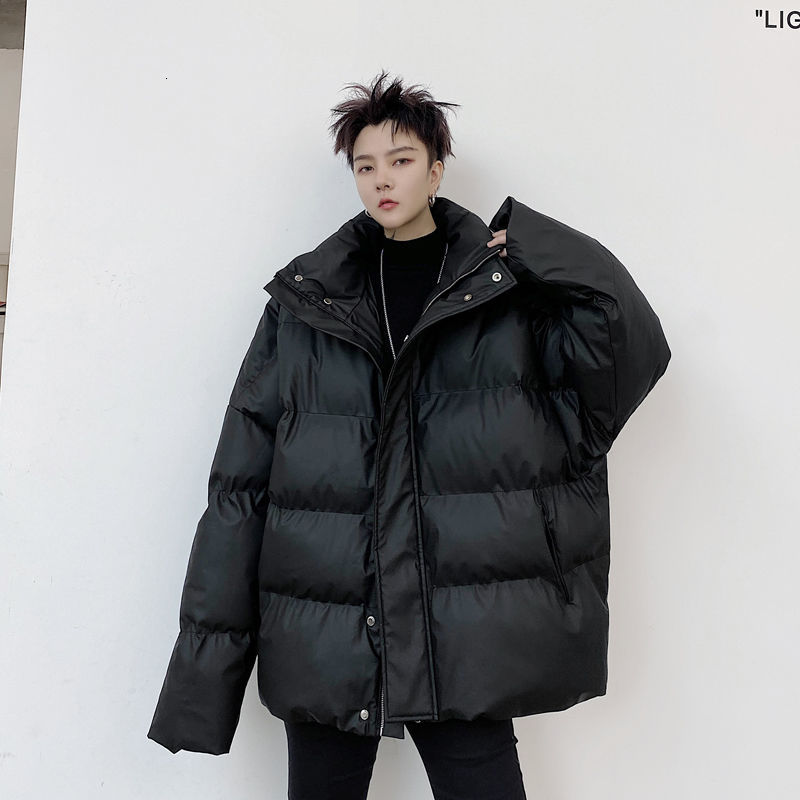 IEFB Winter PU leather back folded cotton padded jackets for men loose stand collar oversized clothes black coat 9Y4434 210524