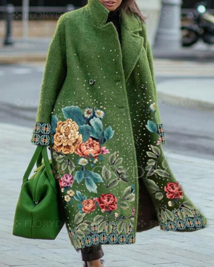 Elegant Autumn Street Lady Long Wool Cardigan Coats Fashion Floral Print Pocket Long-Sleeve Jacket Winter Women Blend Wools Coat AAA