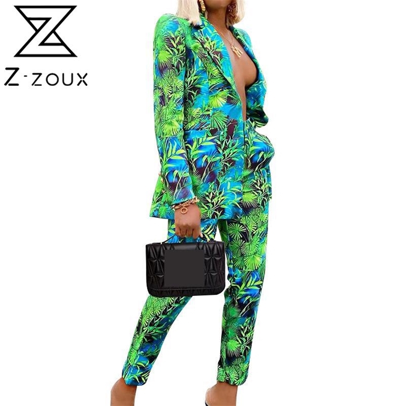 Women Suits Green Printed Blazer With Pants Sets Fashion Ladiex Temperament Plus Size Autumn 210513