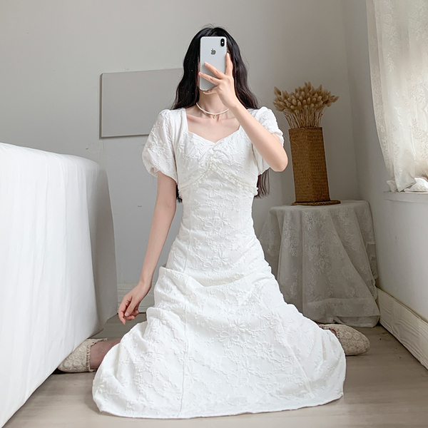 Elegant Sweet Retro Dress Women White Beading Square Collar Slim Waist Party for Females Korean Style Summer 210519