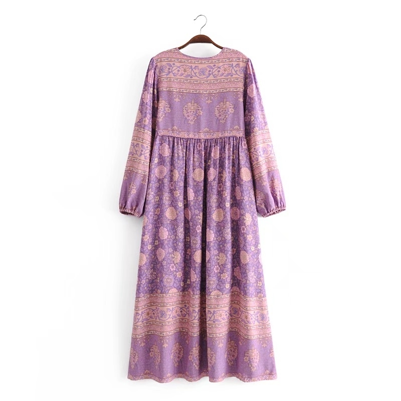 Bohemia Bandage Lacing up Collar Lavender Floral Print Dress Ethnic Woman Hit Color Long Sleeve Maxi Holiday Dresses 210429
