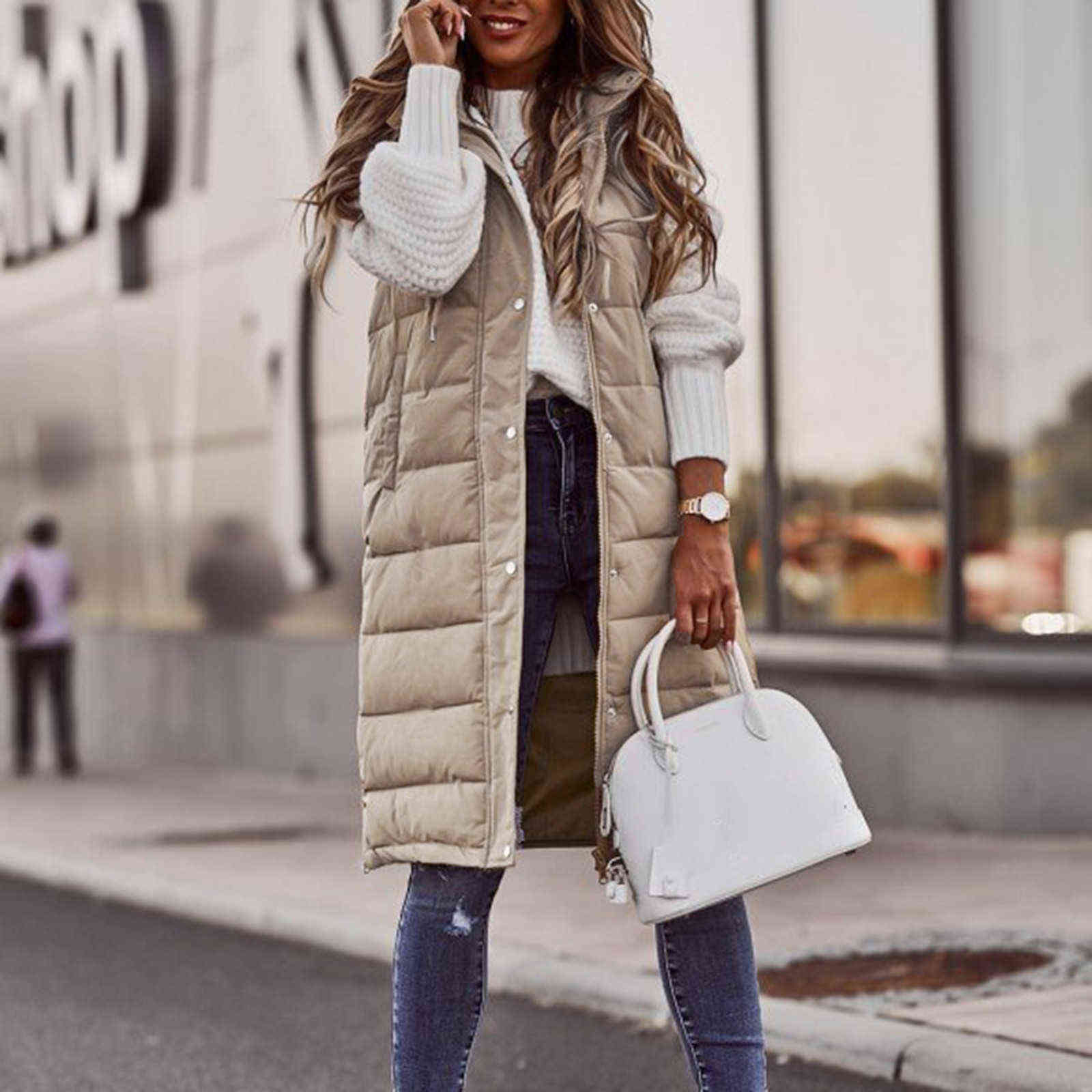 Women's Long Winter Coat Vest Hooded Sleeveless Warm Down Pockets Quilted Jacket Female Outdoor 40 211120