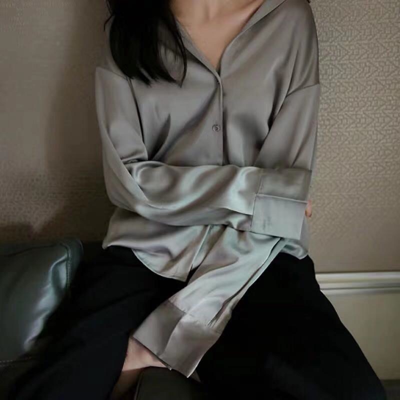 Spring Simple Casual Shirt Top Female Solid Loose Long Grey Satin Blouse White Office Lady Women Sleeve Streetwear 210421