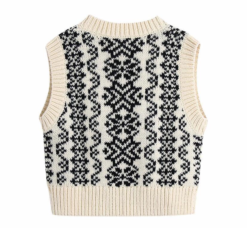 90's Vintage Geometric Flower Knitted Sweater Vest Preppy Style Korean Clothing V Neck Sleeveless Cardigan Y2K Knitwear 210429
