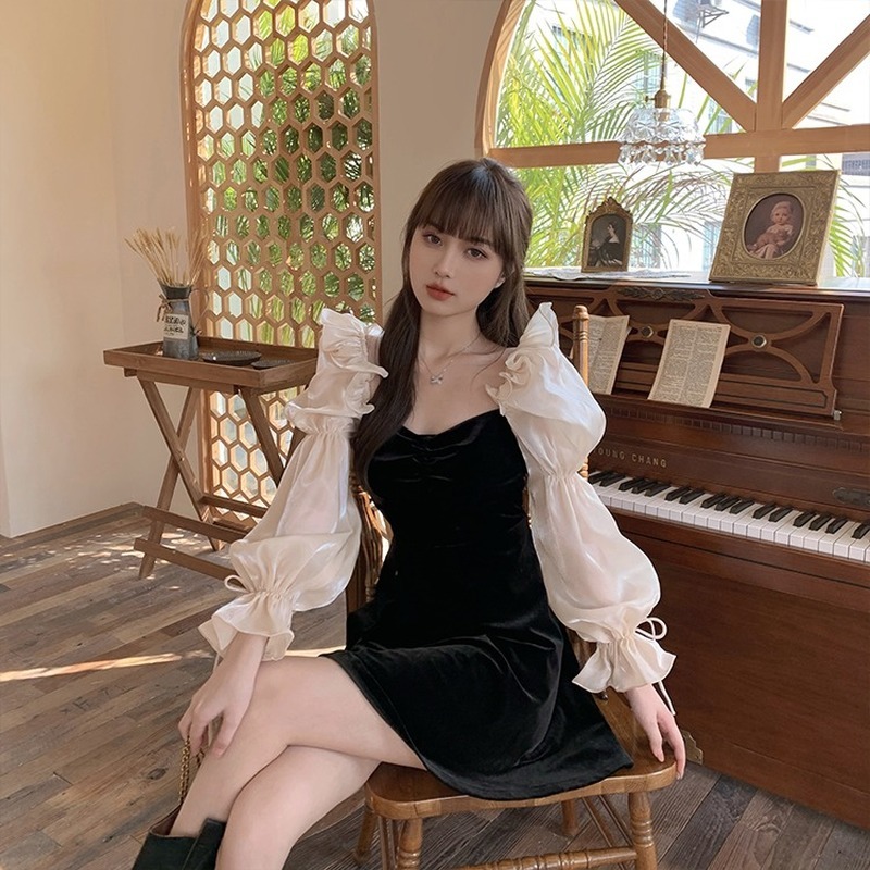 French Style Elegant Velvet Women Dress Spring Ruffles Hit Color Patchwork Vestidos Slim Waist A-line Dresses 210422