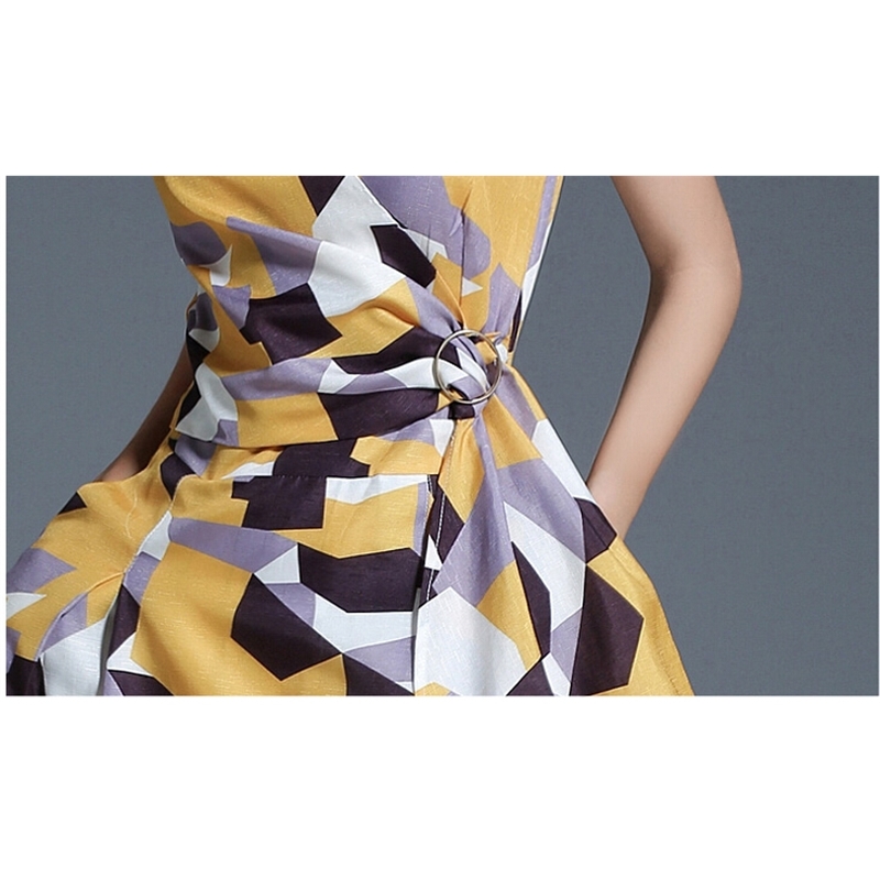 Arrival Summer Runway Womans Dresses Geometry Yellow Pattern Sleeveless V Collar Print Fashion Dress Vestidos 210520