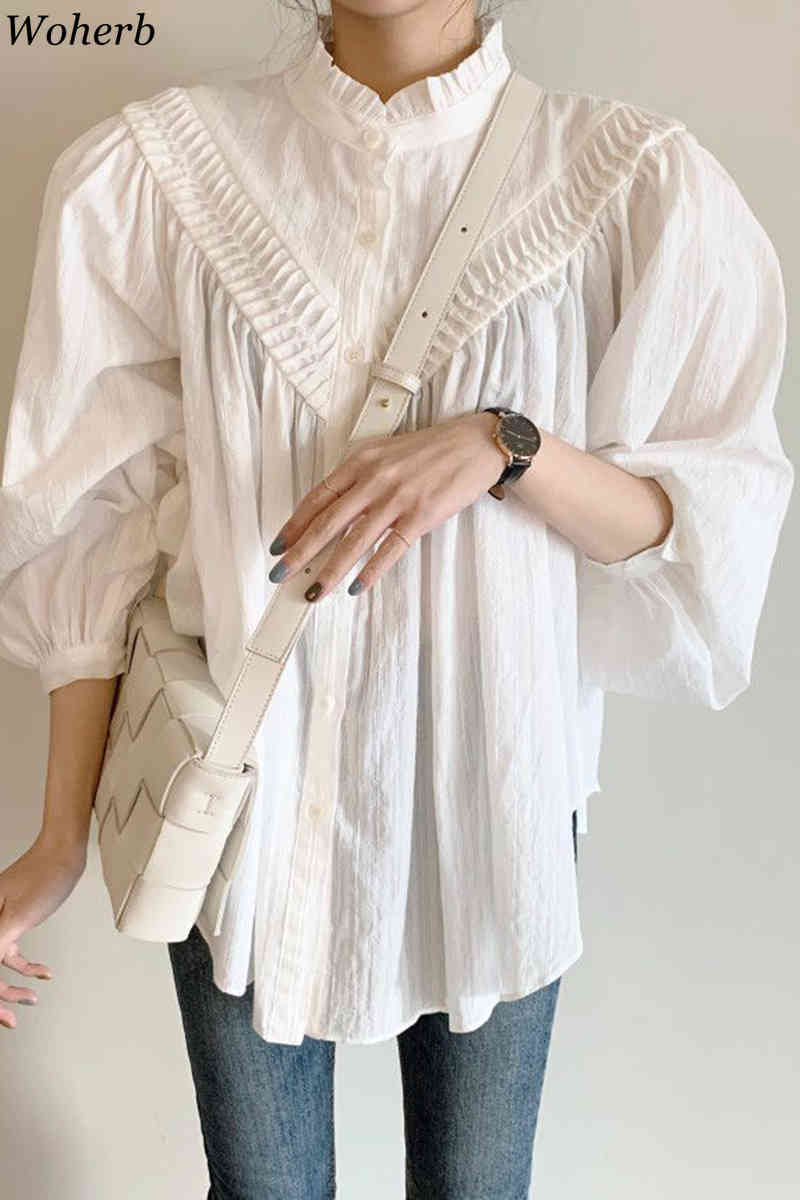 Korean Shirts Women Blusas Mujer De Moda Fashion Ruffles Stand Neck Pleated Blouses Lantern Sleeve Loose Blouse Tops 210519