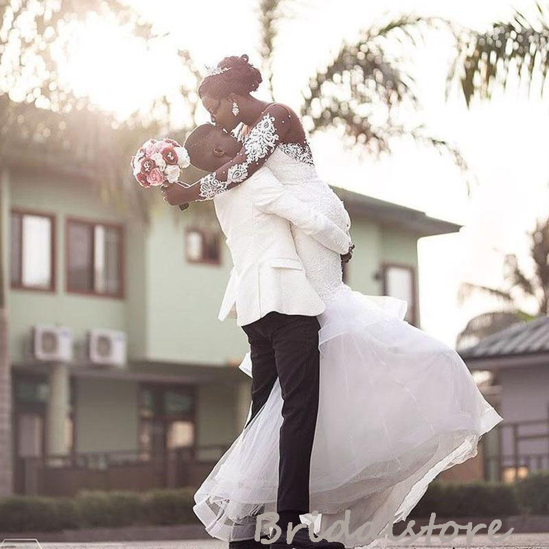 Luxury Aso Ebi African Mermaid Wedding Dress Plus Size Long Sleeve Lace Beaded Country Wedding Gowns With Pearls 2022 Trumpet Appliques Bridal Robes D