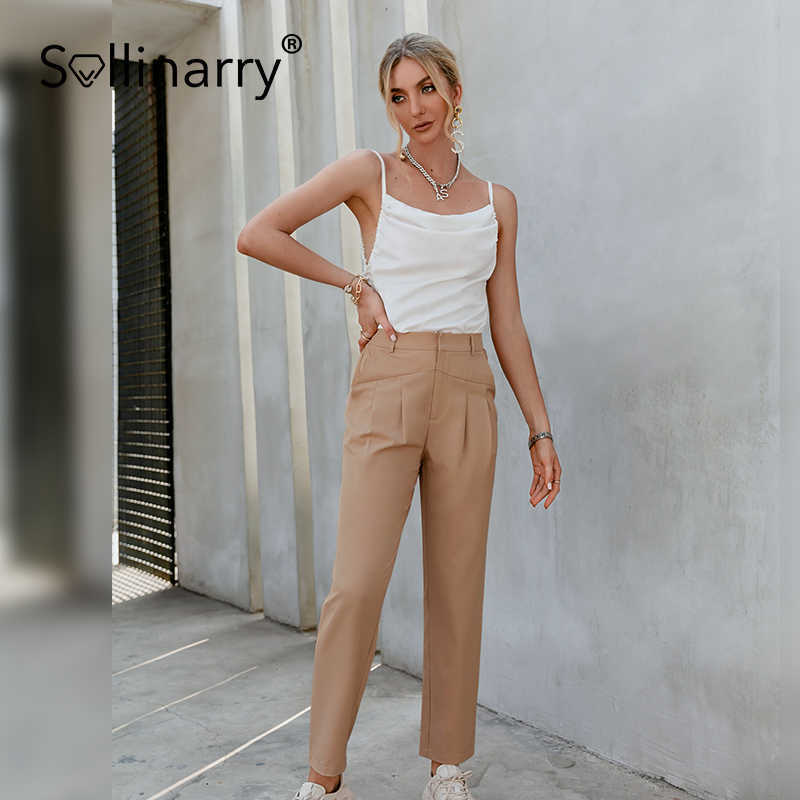 Sollinarry High street pocket summer pants women Casual elastic splice female bottoms Elegant office chain solid pants 210709