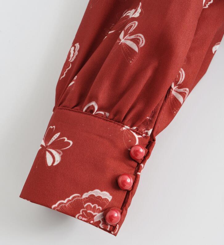 France Retro Long Puff Sleeve Floral Print Shirt Red Women Single-breasted buttons Slim Waist Short Blouse Girl's Tops 210429