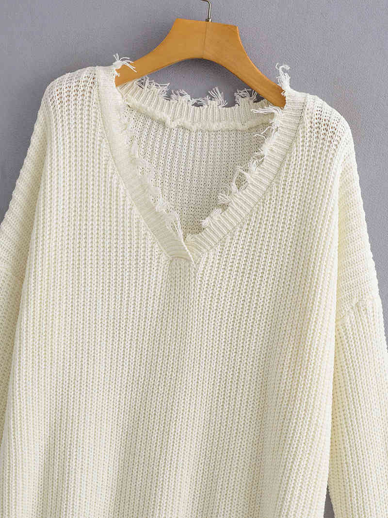 autumn winter women white V-neck tassel mid-length high waist loose pullover knitted sweater tops mujer suteres 210508