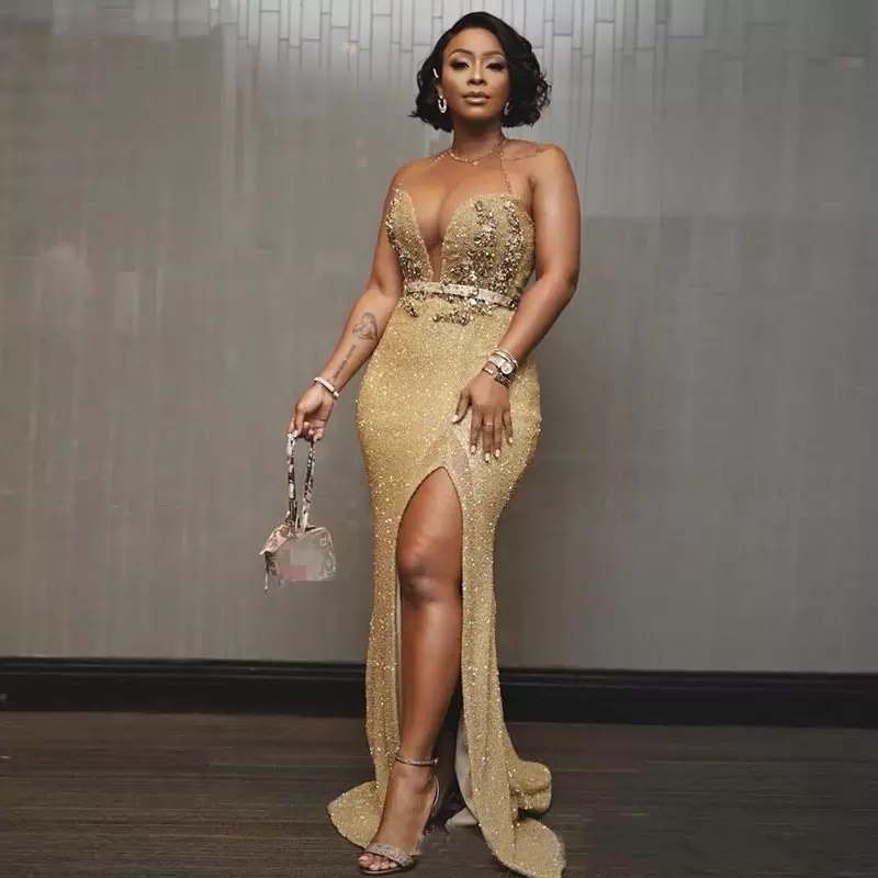 Aso Ebi Arabic Gold Mermaid Evening Dresses Beaded Crystals Prom Dresses High Split Formal Party Reception Gowns CG001