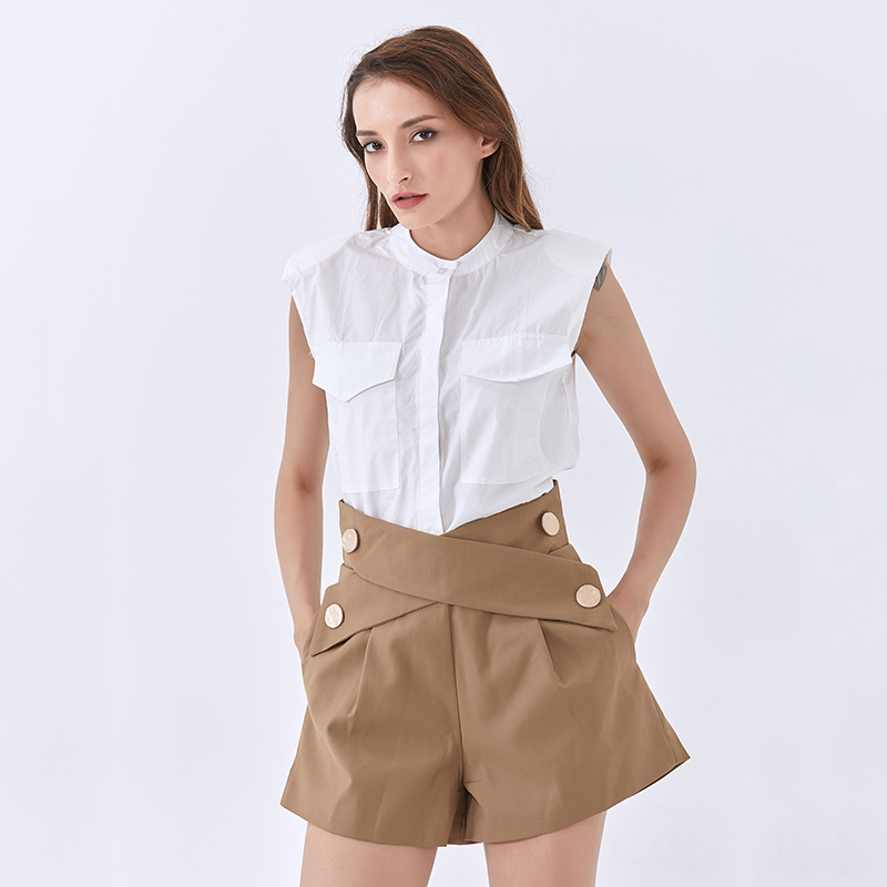 Casual White Blouse For Women Stand Collar Sleeveless Solid Minimalist Shirt Female Summer Fashion 210524