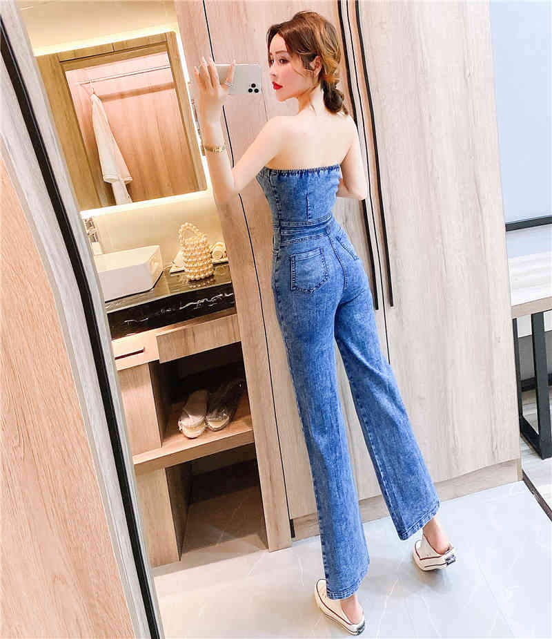 Summer Women Sexy Strapless Denim Jumpsuits Chic Retro Backless Sleeveless Streetwear High Waist Slim Rompers 210519