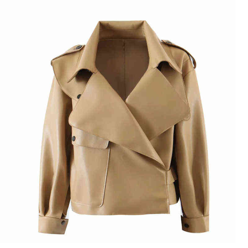 Fitaylor Autumn Women Faux Leather Jacket Pu Motorcycle Biker Red Coat Turndown Collar Loose Streetwear Black Punk Outerwear 211130