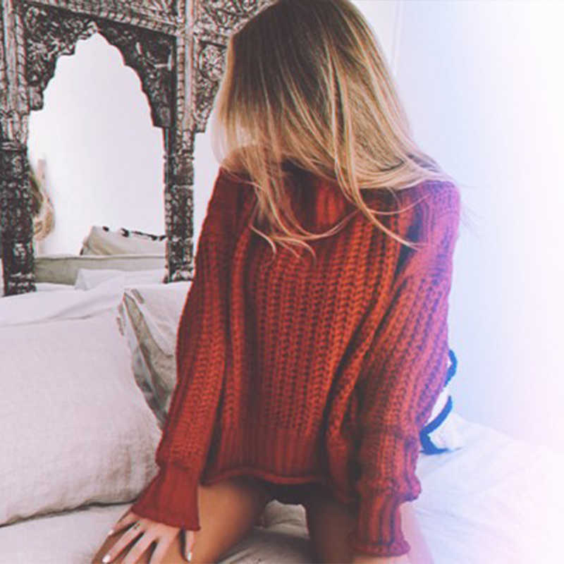 Women Jumper Solid Hollow Out Knit Sweater Sexy Drop Shoulders Roll-up Mock Neck Collar Pullover Sweaters Sweet Ladies Knitwear 210928