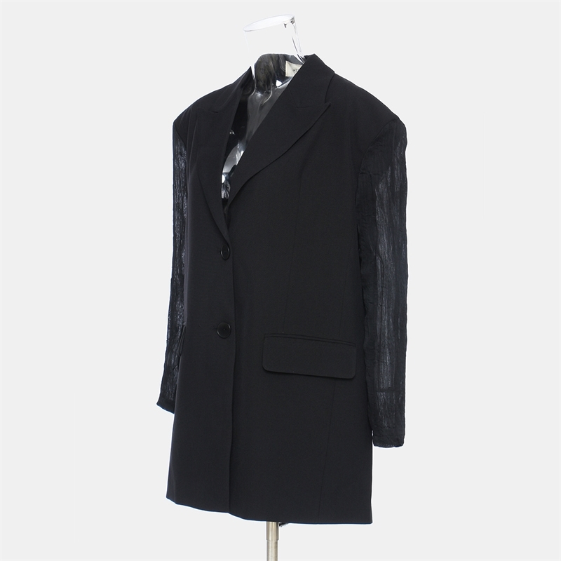 DEAT New Spring And Summer Fashion Casual Button Loose Back Open Back Lace Up Pleated Sleeve Blazer Coat Women SH640 210428
