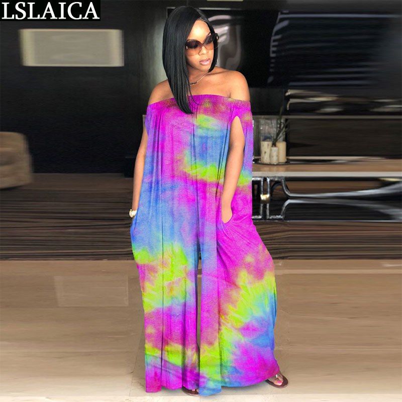 Playsuit Women Sleeveless Tie Dye Loose Outfits For Slash Neck Plus Size 2Xl Sexy Club Jumpsuit Summer 210520