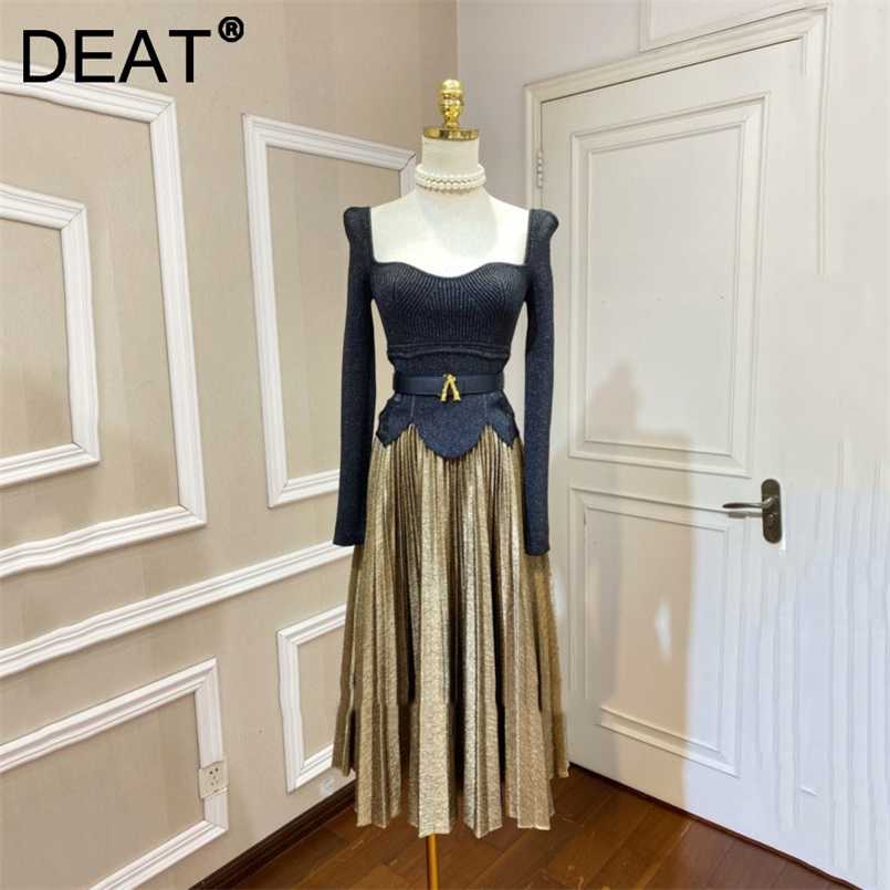 DEAT Woman Suit Square Collar Knit Lurex Lace Patchwork Sweater + High Waist Pleated Skirt Vintage Style Autumn 15XF952 211108, As shown
DEAT Woman Suit Square Collar Knit Lurex Lace Patchwork Sweater + High Waist Pleated Skirt Vintage Style Autumn 15XF952 211108, As shown