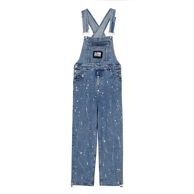 IEFB Men's Clothing Blue Denim Overalls Fashion Loose Wash Do Old Splash Ink Jeans Jumpsuit For Male Summer 9Y6781 210524