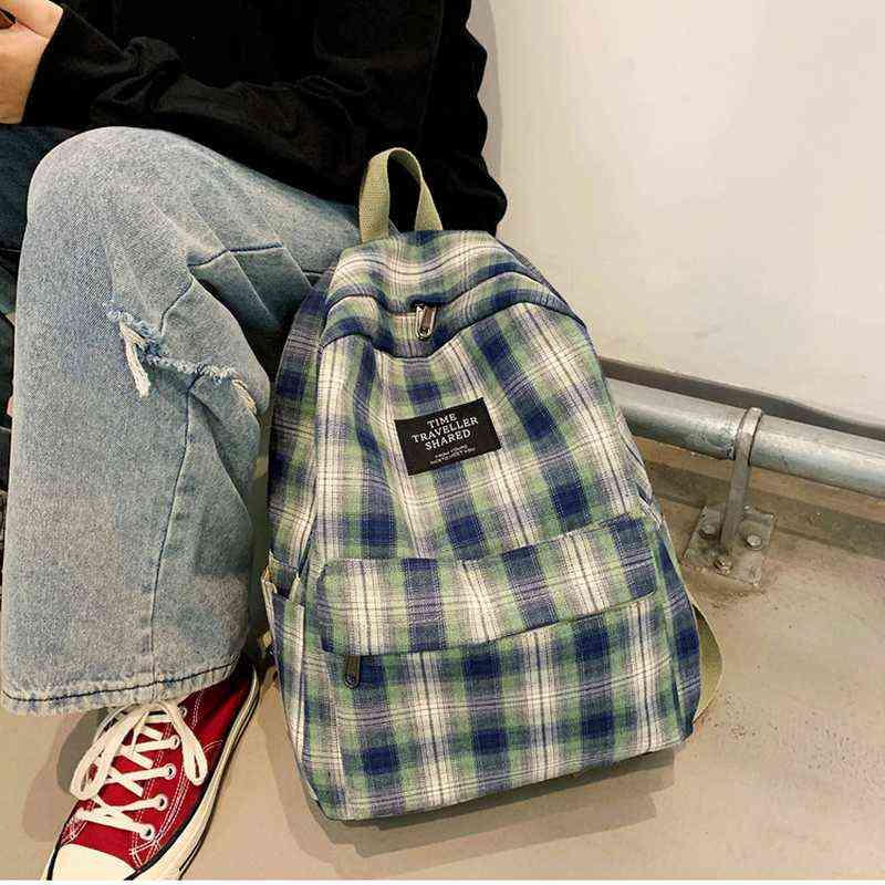 Students Backpack Women's Plaid Pattern School Bag Canvas Softback Campus Style Rucksack Travel Bagpack Female Backpacks Ladies Y1105