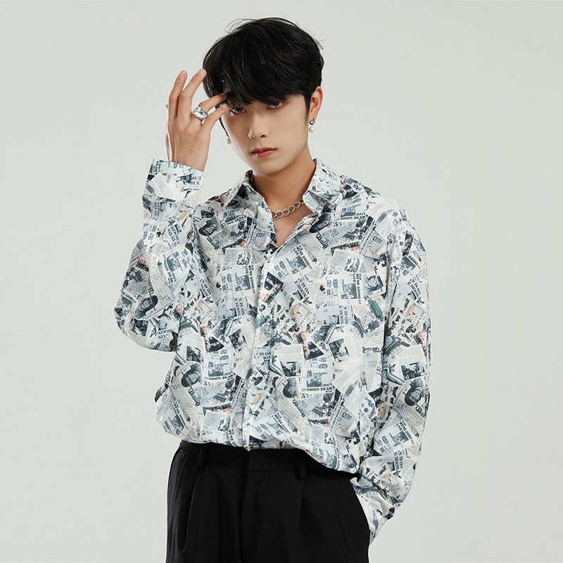 IEFB Men's Clothing Spring Korean Long Sleeve Shirt spaper Printed Square Collar Top Single Breasted Blouse 9Y5397 210524