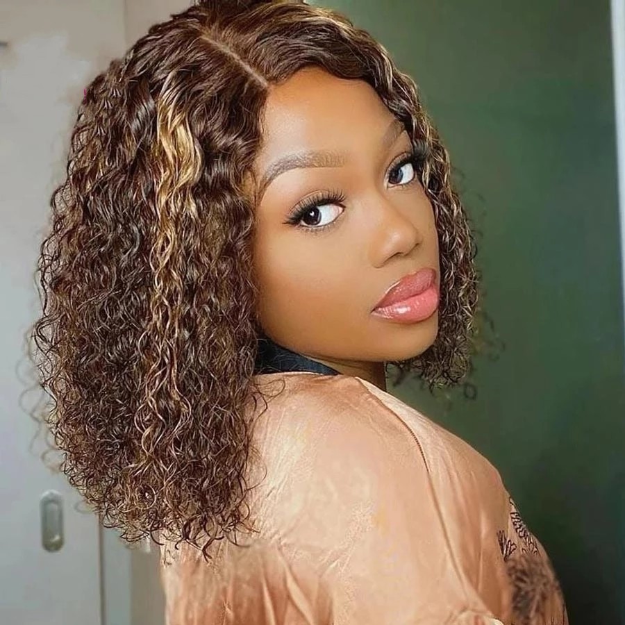 Free shipping Highlight Brown Brazilian Lace Frontal Wig Short Bob Synthetic Wigs For Women Kinky Curly Glueless 250% Density