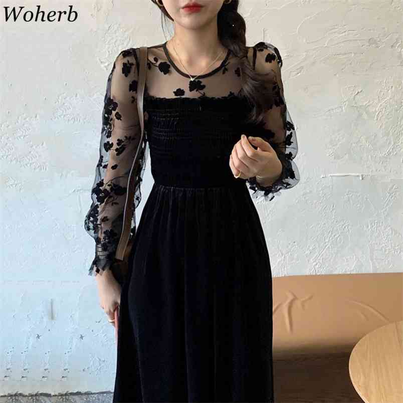 Elegant Black Velvet Dress Women Fashion Korean Chic Floral Mesh Sleeve Autumn Retro Vestidos Sexy Dresses 210519