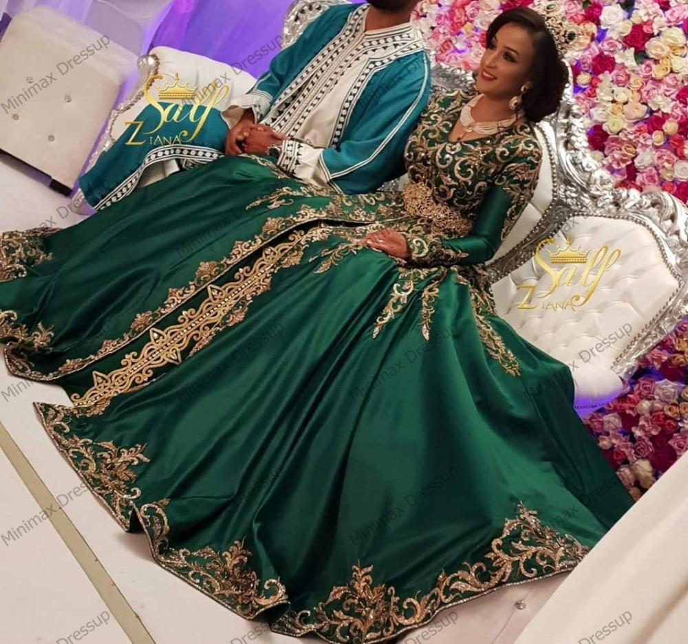 Elegant Green Muslim Formal Evening Dresses Long Sleeve Gold Appliques Beaded Crystals Arabic Dubai Celebrity Party Gowns Moroccan Kaftan Special Occa