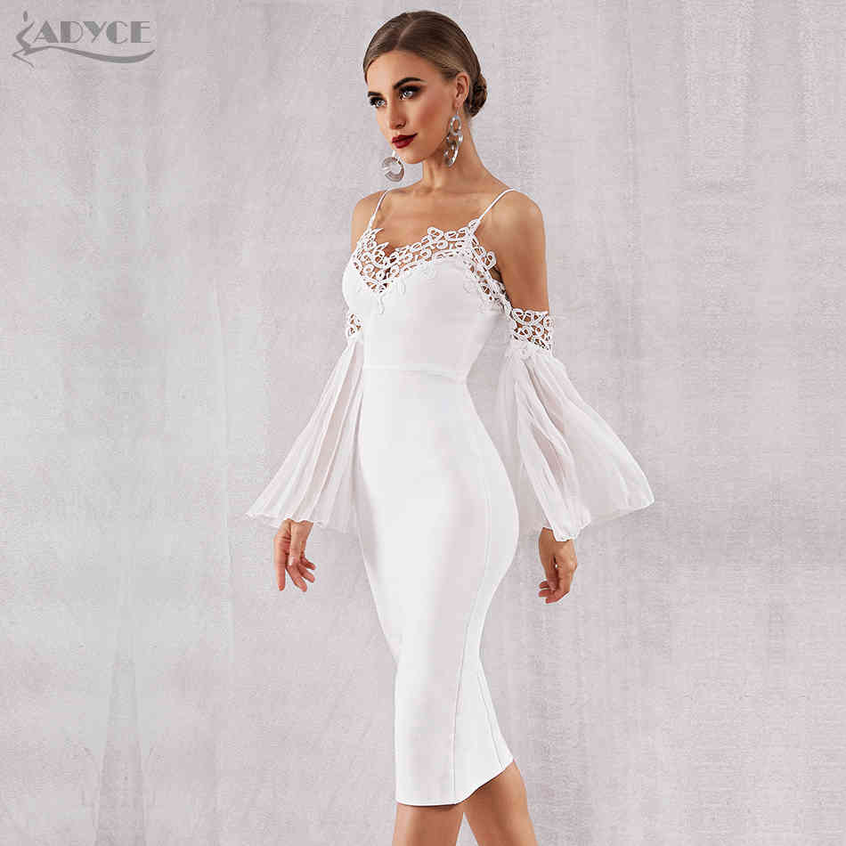 Autumn Women Bandage Dress Sexy Flare Sleeve White Lace Midi Vestidos Elegant Celebrity Evening Party 210423