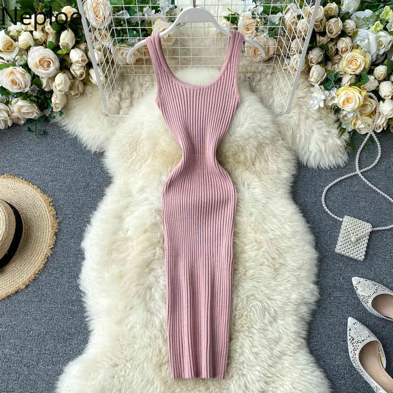 Neploe Sexy Woman Dress Korean Robe Square Collar Sleeveless Knitted Vestidos Mujer Summer Slim Bodycon Vintage Dresses 210422