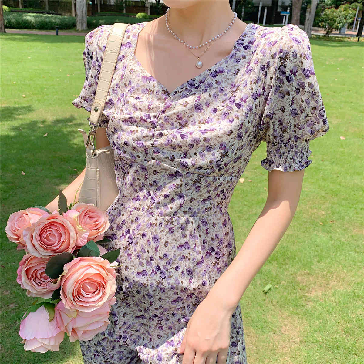Summer Sexy V-Neck Puff Sleeve Flower Print Chiffon Dress Bodycon Women Chic Slim Waist Split Midi Dresses Vestidos 210518