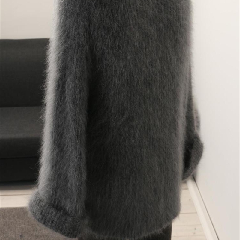 Winter Women's Thickened Round-Neck Mohair Pullover Sweater Pure Color Female Loose Knitwear Long Sleeve Asymmetry Knit Top 210520