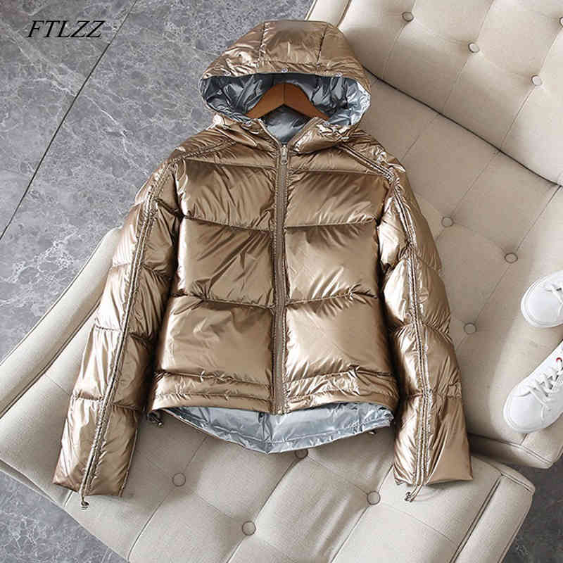 Gold Silver Double Sided Down Coat Winter Jacket Women Hooded White Duck Parkas Female Loose Warm Snow Outerwear 210430