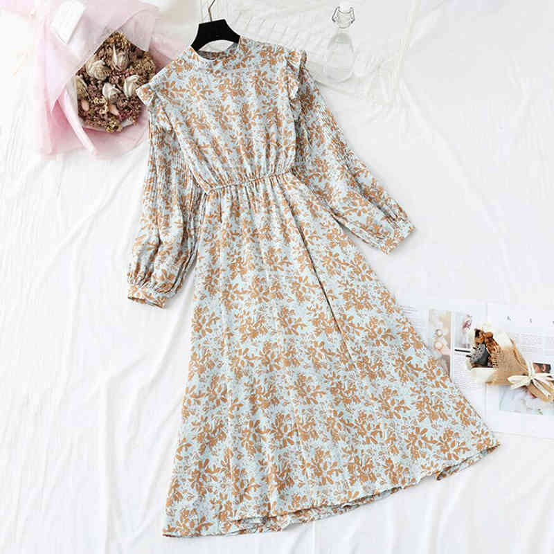 Elegant O-neck Women Midi Dress Casual Elastic Waist Long Sleeve Print A-line Chiffon Dresses Vintage Party Vestidos 210521