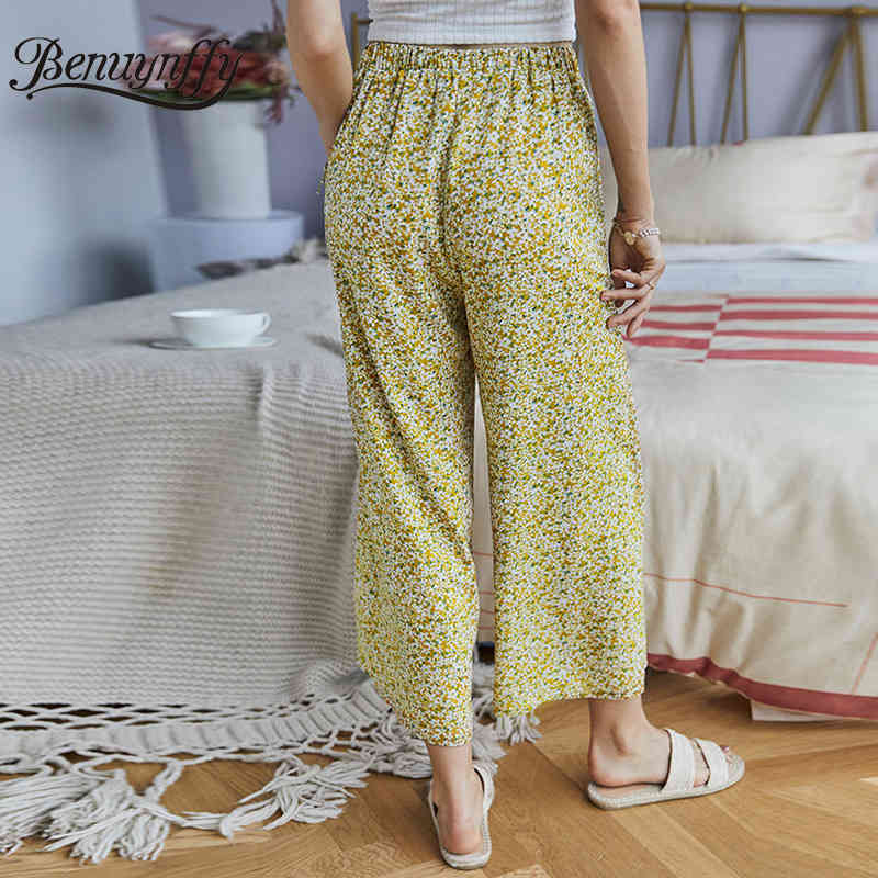 Bow Tie Floral Print Wide Leg Pants Women Summer Trousers Boho Holiday Casual High Elastic Waist Ladies Belt 210510