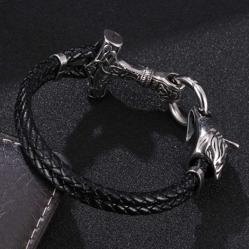 Stainless Steel Wolf Head Charm Genuine Leather Bracelet Men Gift Snap Hook Bangle Jewelry