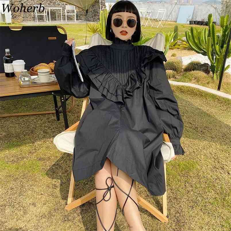 Korean Office Lady Vintage Elegant Women Long Sleeve Dress Fashion Ruffle Loose Summer Solid Dresses Female Vestidos 210519