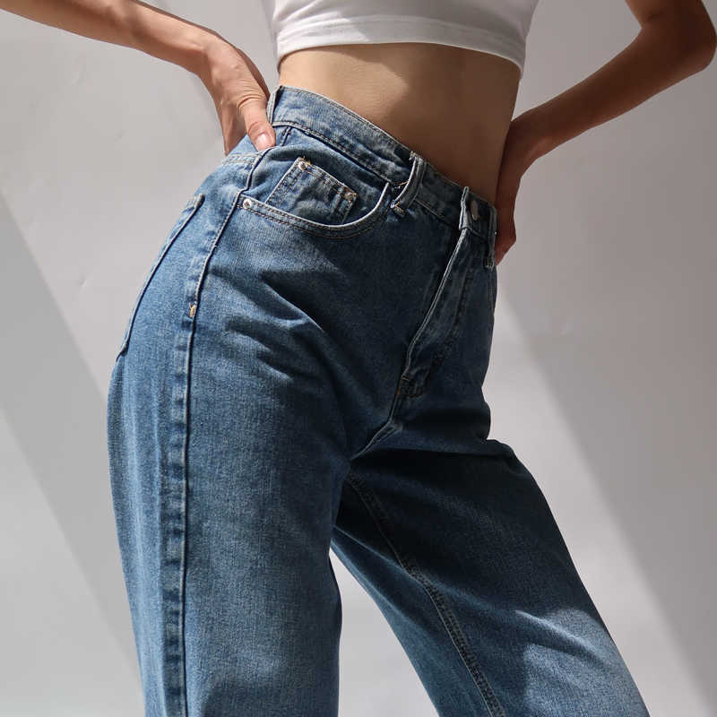 WOMENGAGA High Waist Casual Slim Slimming Jean's Washed Dark Blue Loose Straight Pants Trousers XUX9 210603